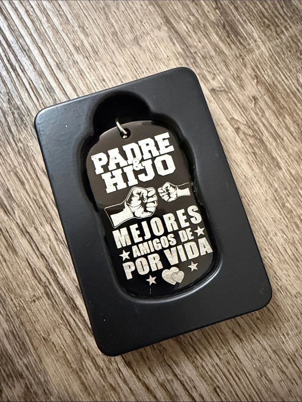 Padre & Hijo Black Metal Dog Tag with Silver Accents